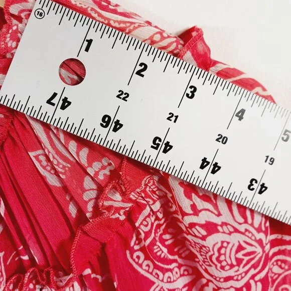 Evereve, M Red and White Print Blouse, Long Sleeve, Tie V Neck Small Ruffle Trim - Picture 12 of 16